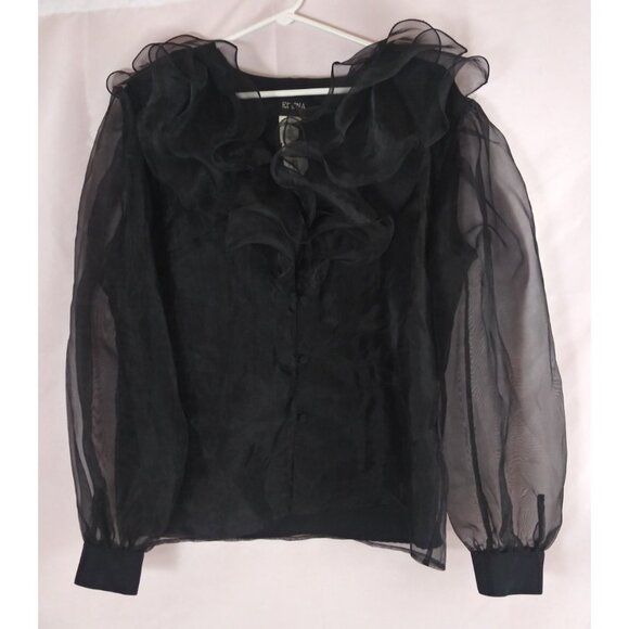 Erena Tops - NWT Erena Women's Black Sheer Lined Ruffle Button-Up Blouse Size 12